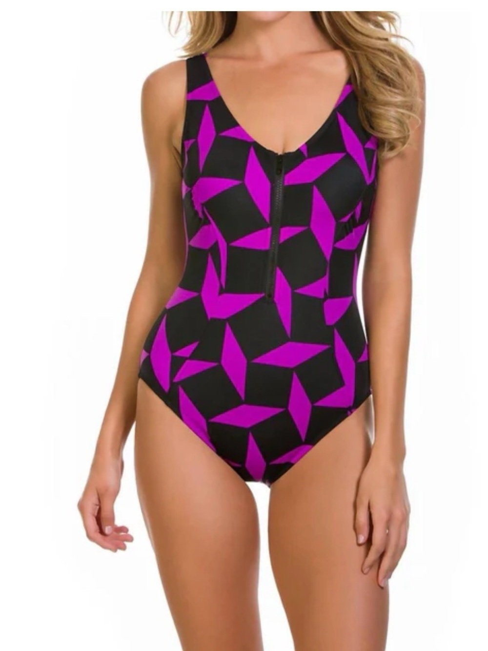 Maaji Black & Purple Geometric Zip-Front One-Piece